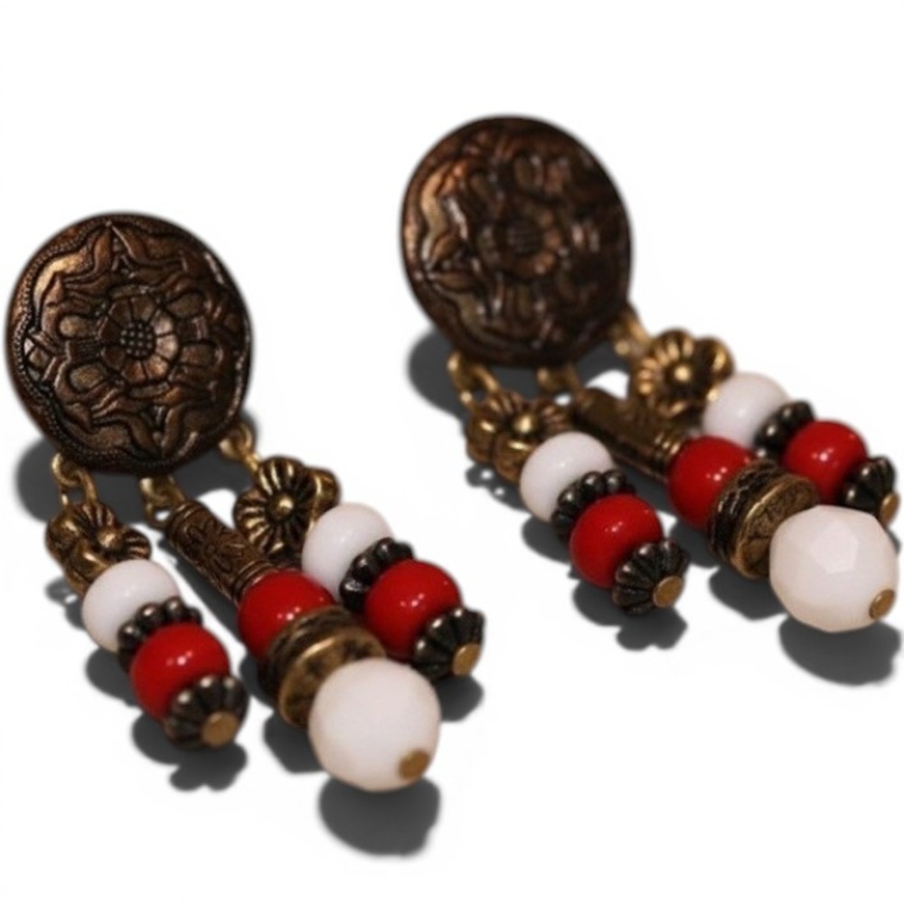 Vintage Bronze Floral Drop Earrings Red White Beaded Dangle Post Back Boho